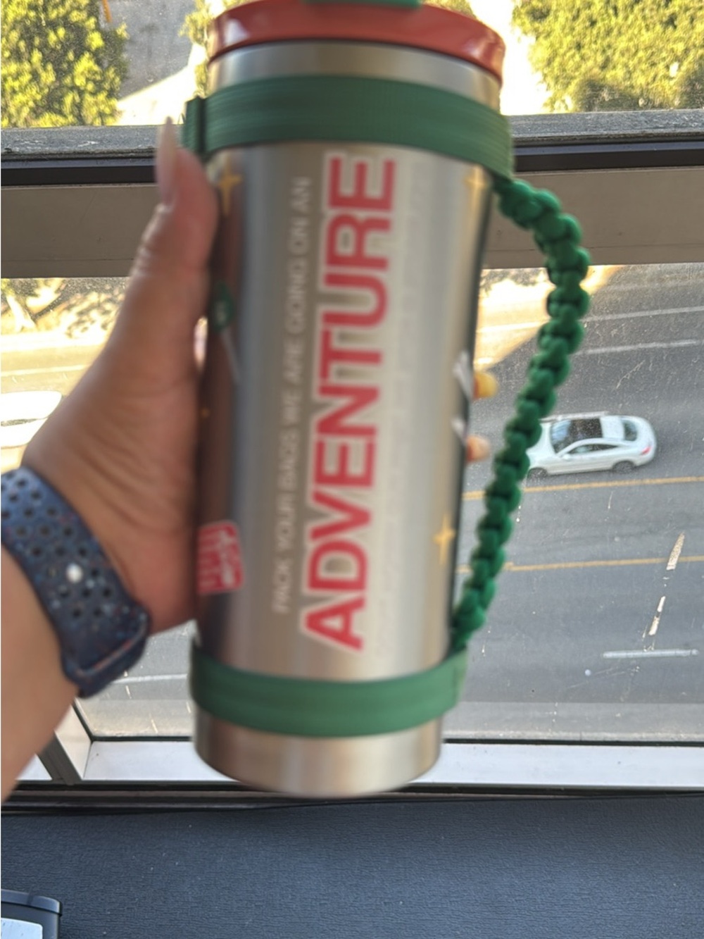 Starbucks Silver Travel Tumbler with Green Strap and Orange Lid